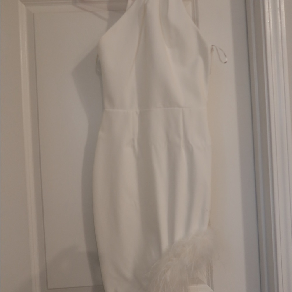 Club L London White Asymmetric maxi dress with feather trim